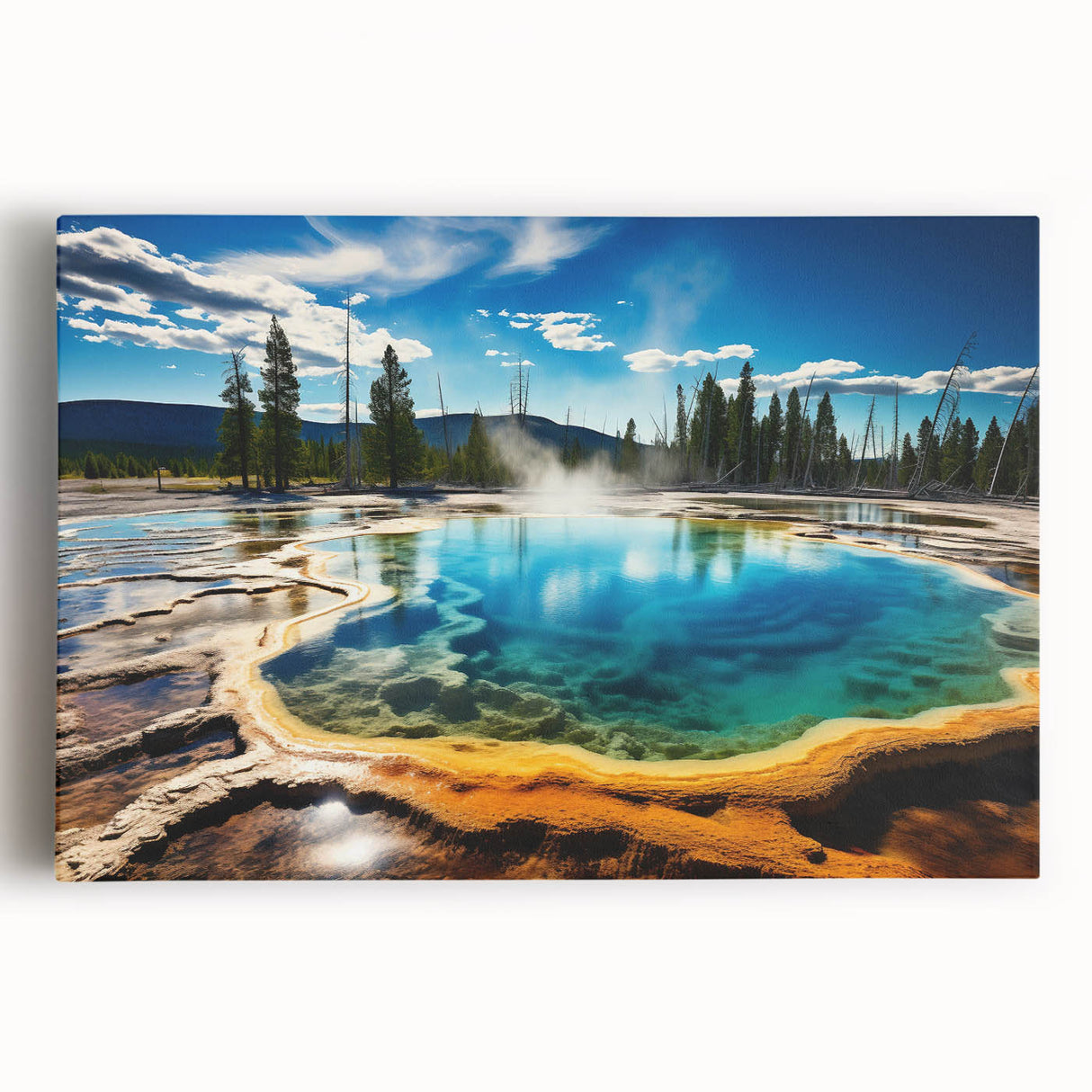 Black and white photograph of Yellowstone National Park on stretched canvas, ideal for kitchen wall art.