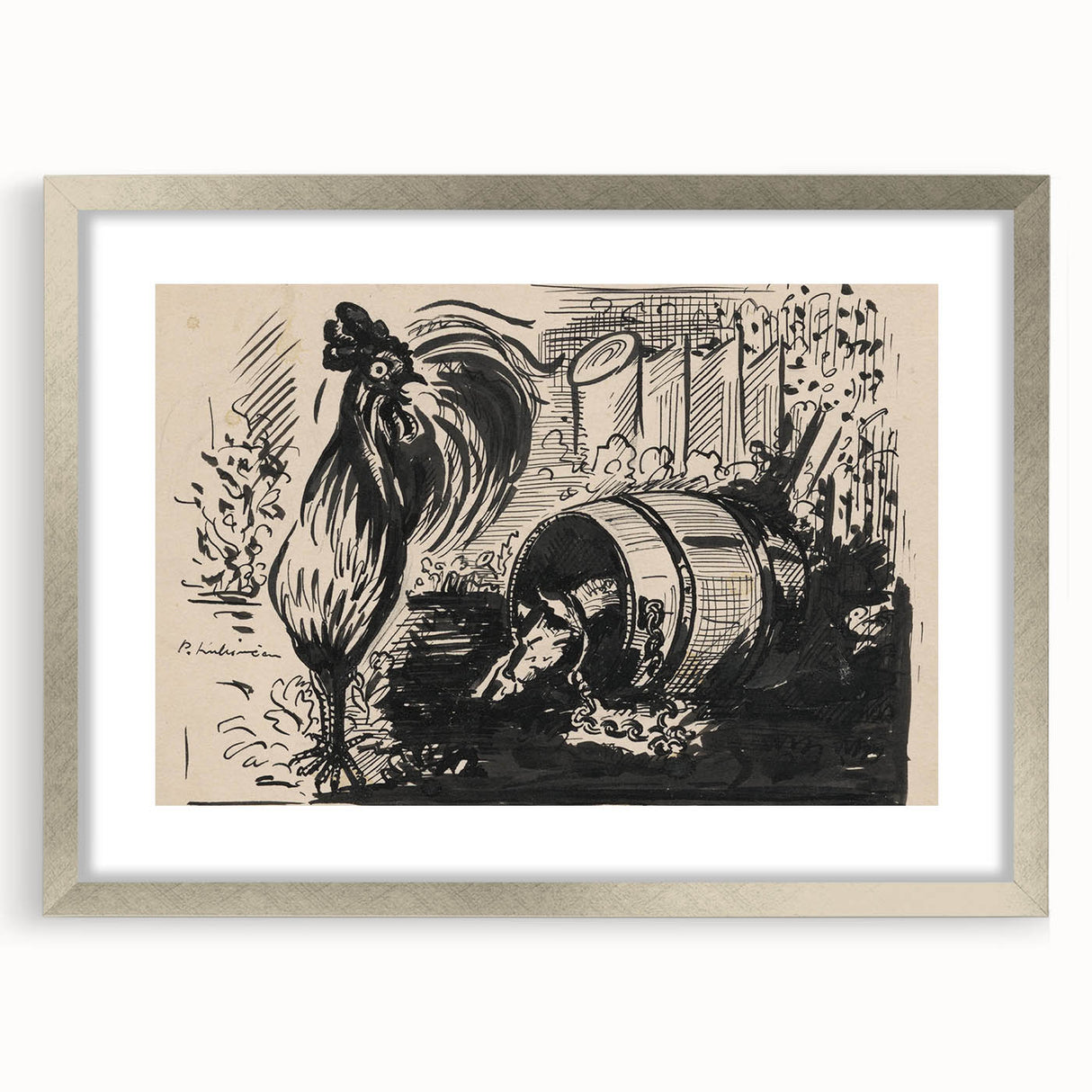 Expressionist Art: The Cock and the Dog | Black and White Abstract Print