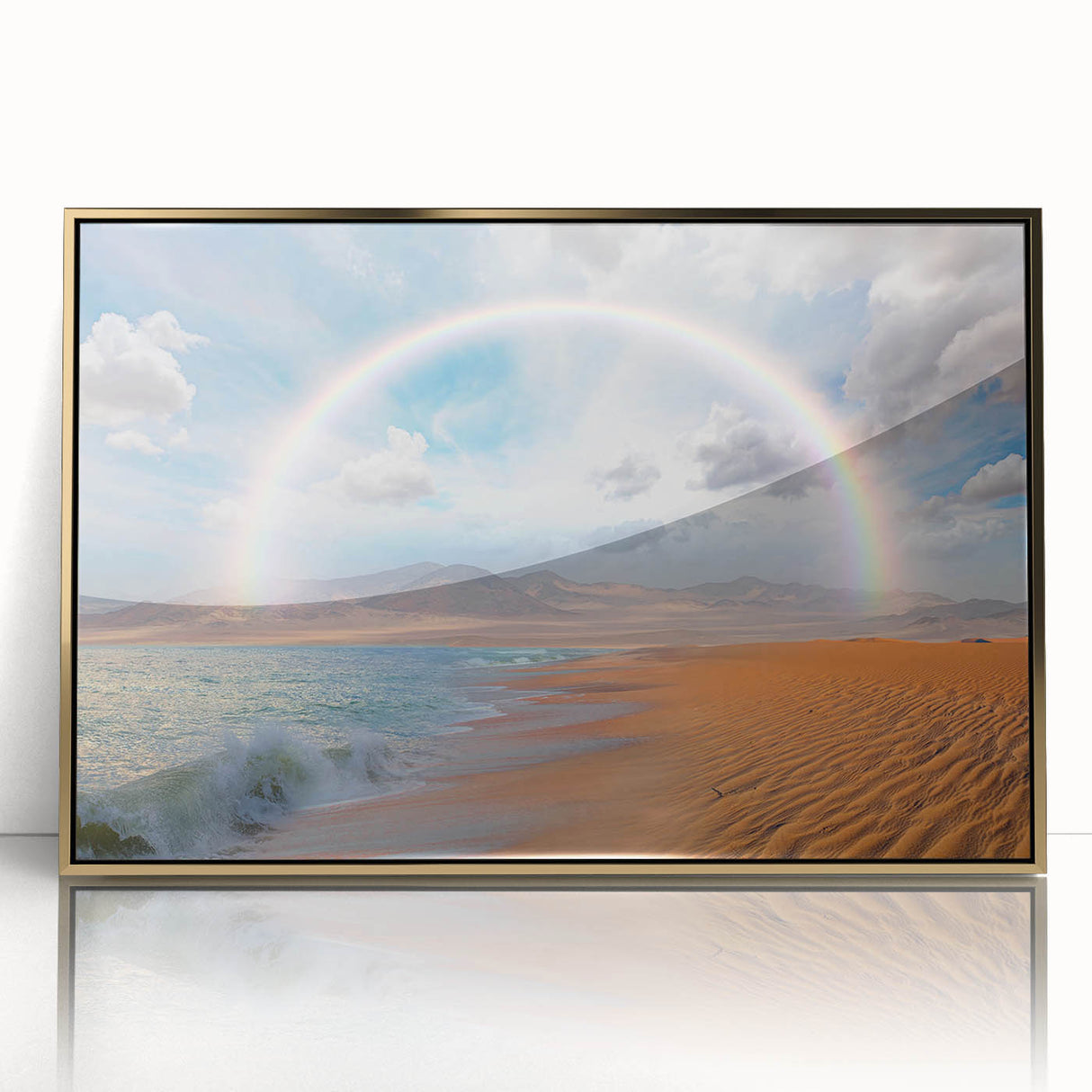 Mid-century modernist art of Namibian desert landscape in gold acrylic frame, ideal for nursery wall art.