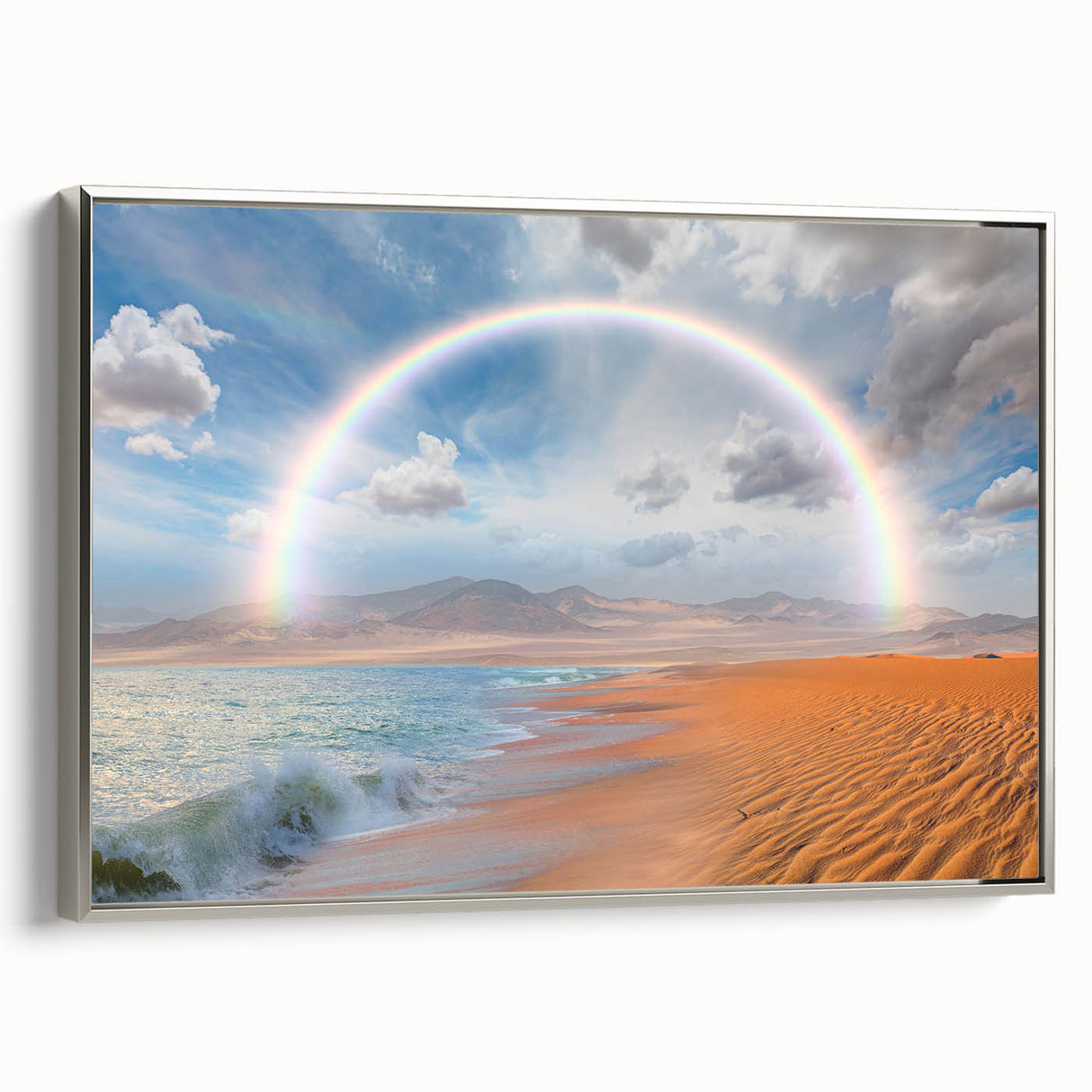 Vintage poster art of a Namibian landscape on a framed canvas, featuring vibrant colors, ideal for large living room walls.