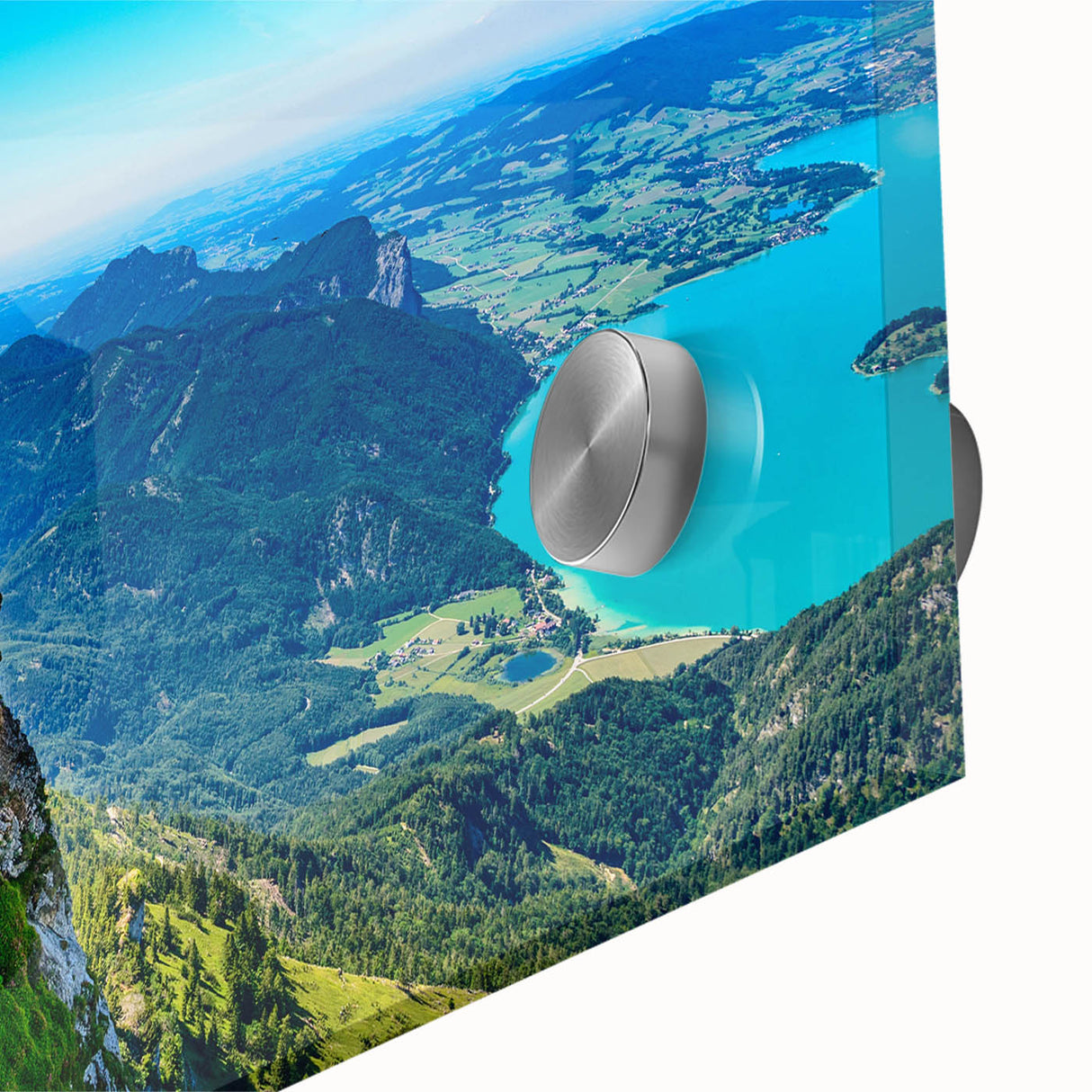 Large abstract wall art depicting a European Austrian scenery in muted earth tones on acrylic glass.