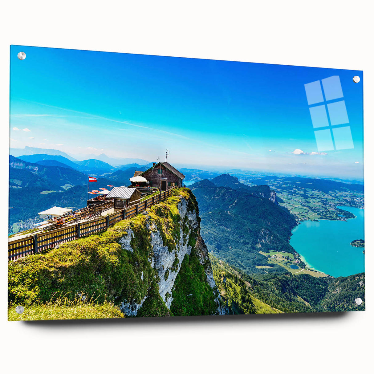 Large abstract wall art depicting European scenery in vibrant colors on acrylic glass.