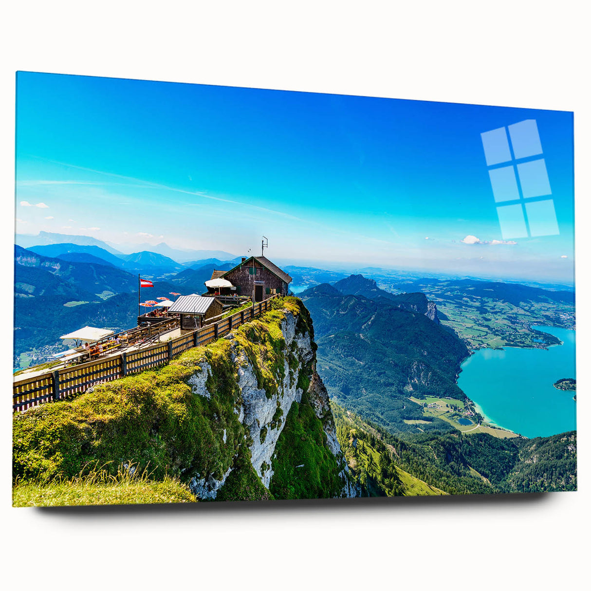 Large abstract depiction of an Austrian landscape in muted earth tones on acrylic glass.