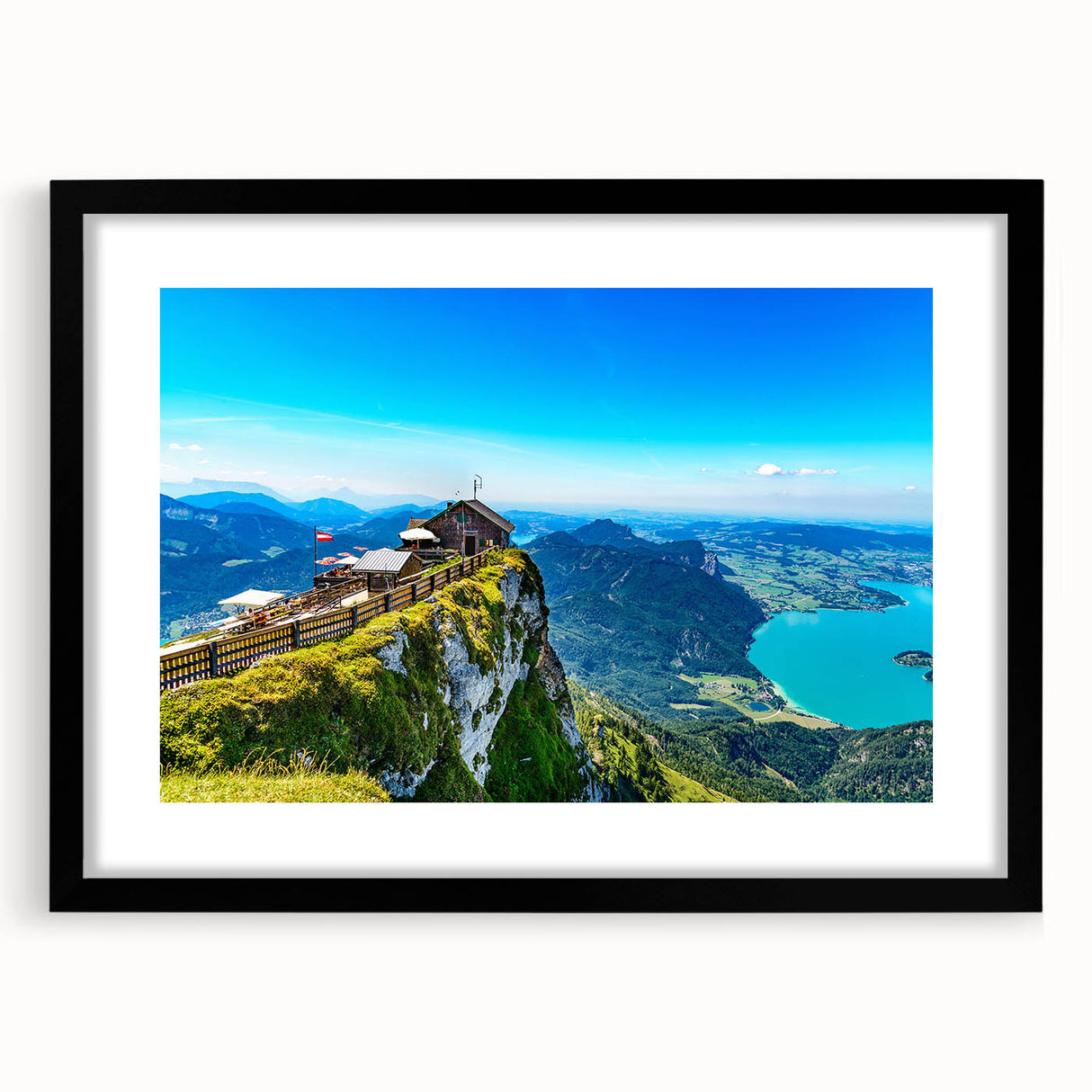 Abstract art print featuring vibrant, textured hues of blues and oranges on a large canvas, ideal for living room decor.