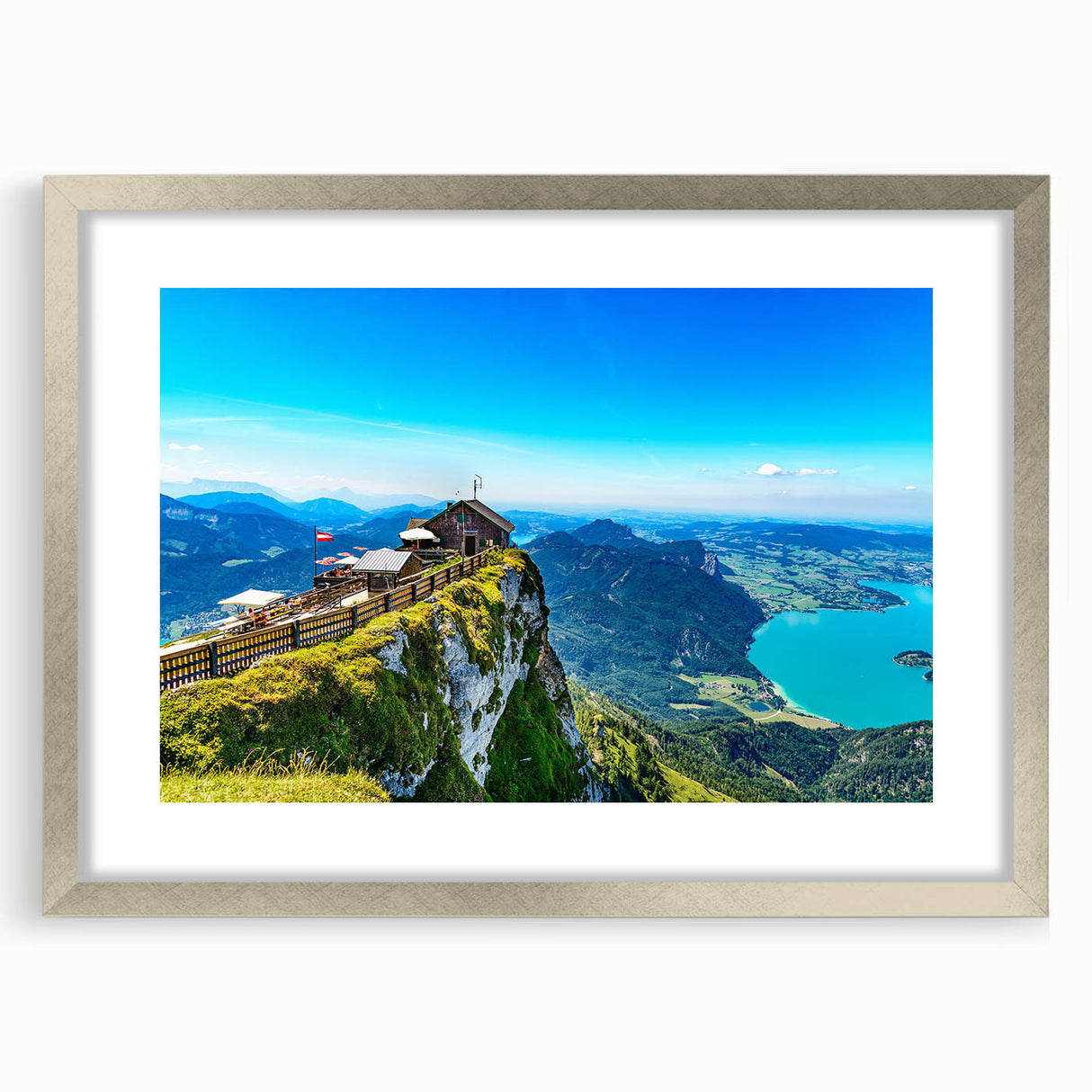 Extra large abstract art print featuring a textured depiction of a European scenery in muted earth tones, framed in silver.