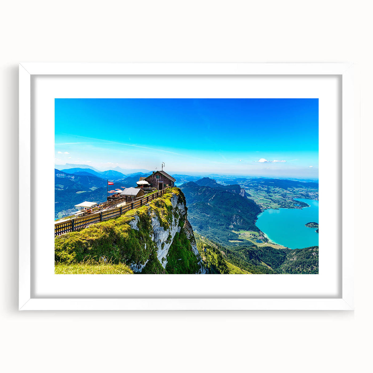 Textured abstract art print of a European scenery in muted earth tones, framed with a white mat, ideal for bedroom art.