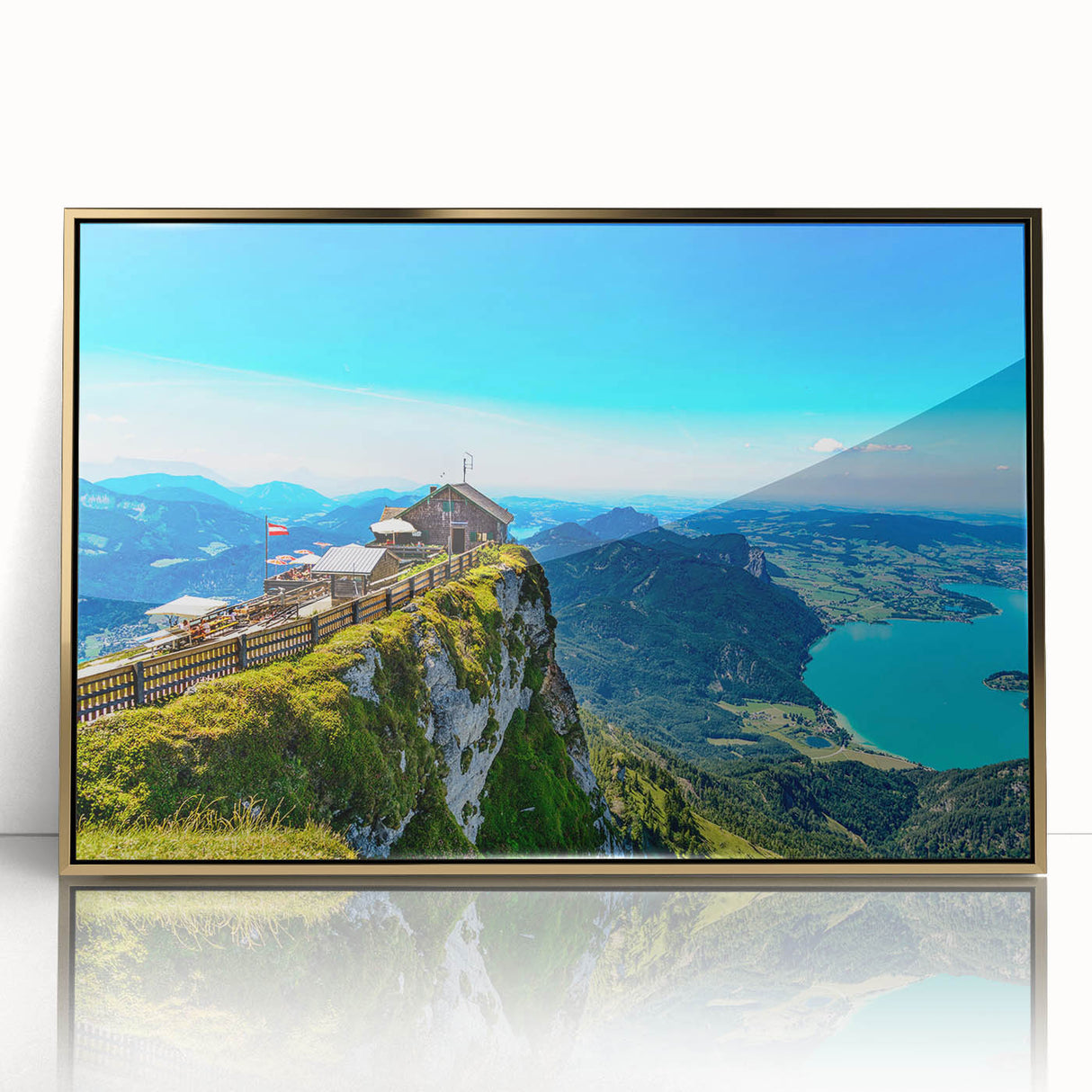 Art deco poster of an Austrian landscape, featuring muted earth tones on framed acrylic, ideal for modern art wall decor.