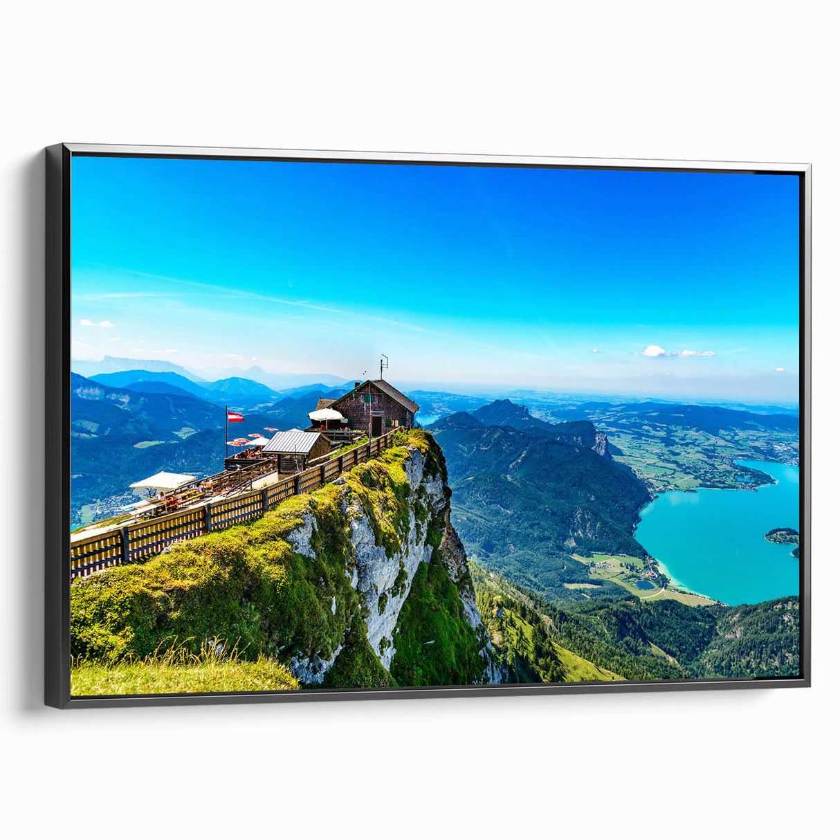 Black and white framed canvas depicting a vintage Austrian landscape, ideal for bedroom wall art.