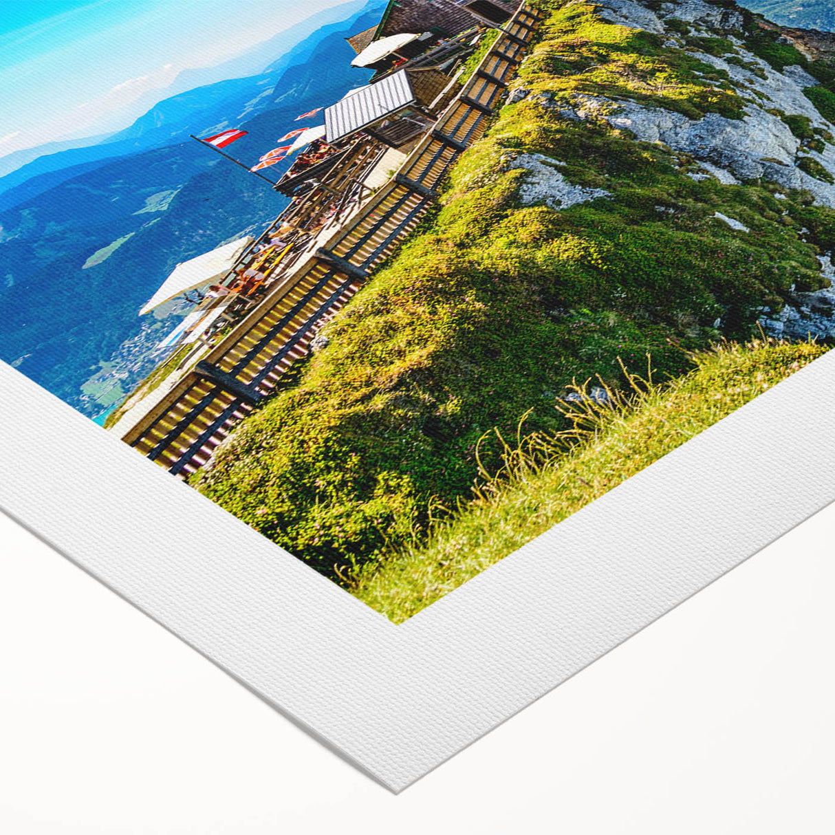 Art deco poster of a serene Austrian landscape in soft pastel shades on rolled canvas, suitable for dining room decor.