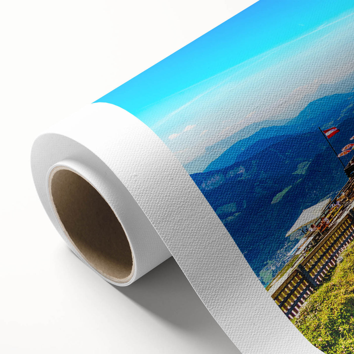 Art Deco poster of an Austrian landscape on rolled canvas, featuring muted earth tones, ideal for nursery wall art.