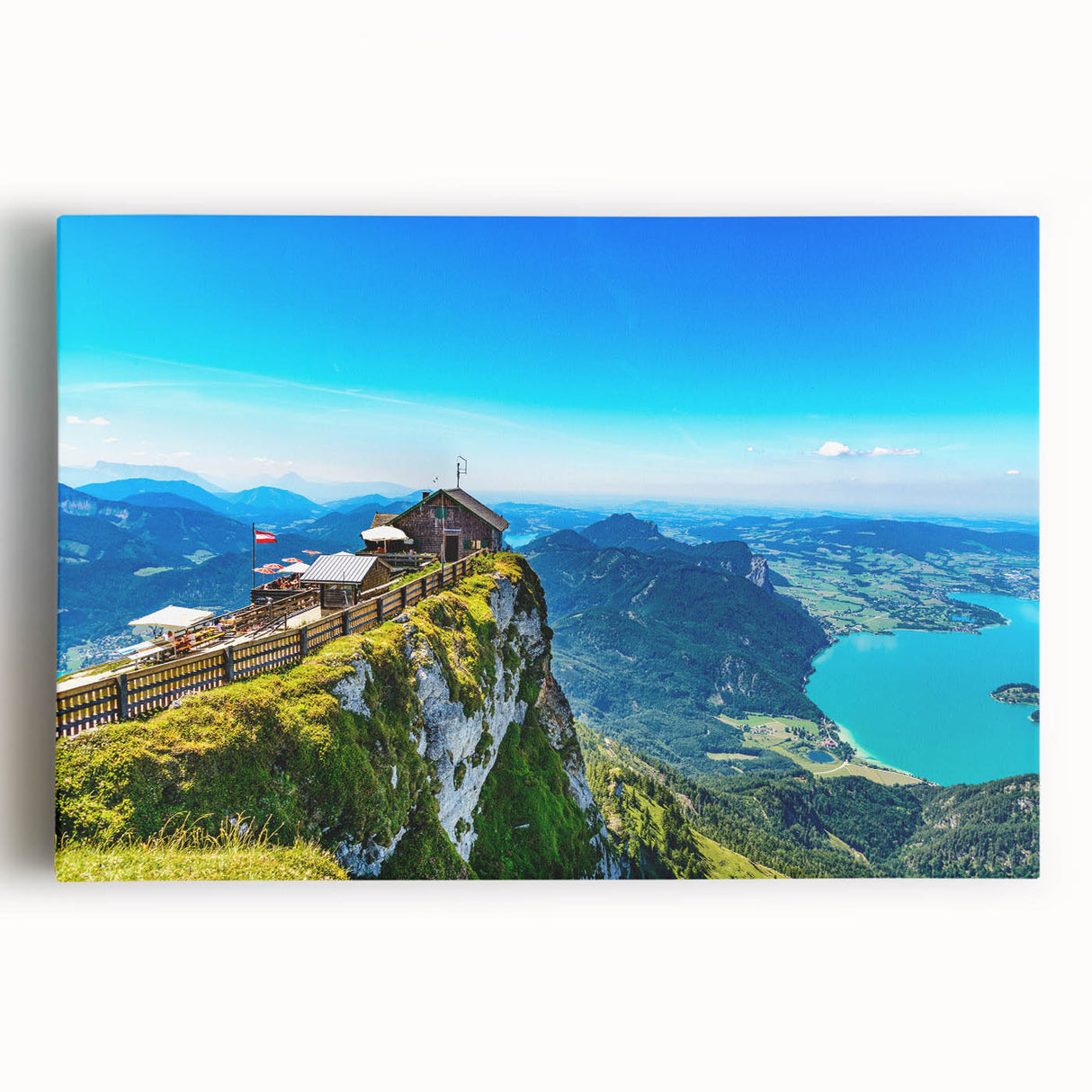 Black and white wall art featuring a panoramic view of an Austrian landscape on stretched canvas, ideal for kitchen wall art.