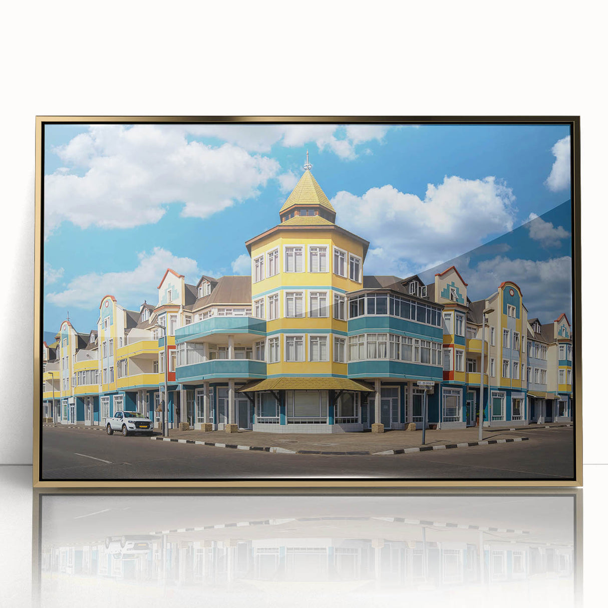 Mid-century modernist art depicting Namibian scenery in muted earth tones on a framed acrylic print.