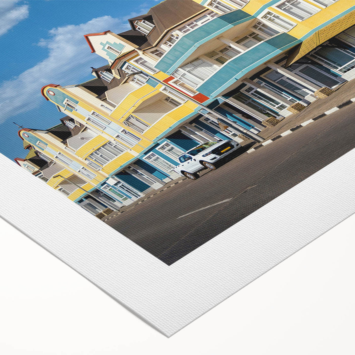 Art deco poster of a Namibian landscape with orange and brown tones on rolled canvas, suitable for dining room walls.