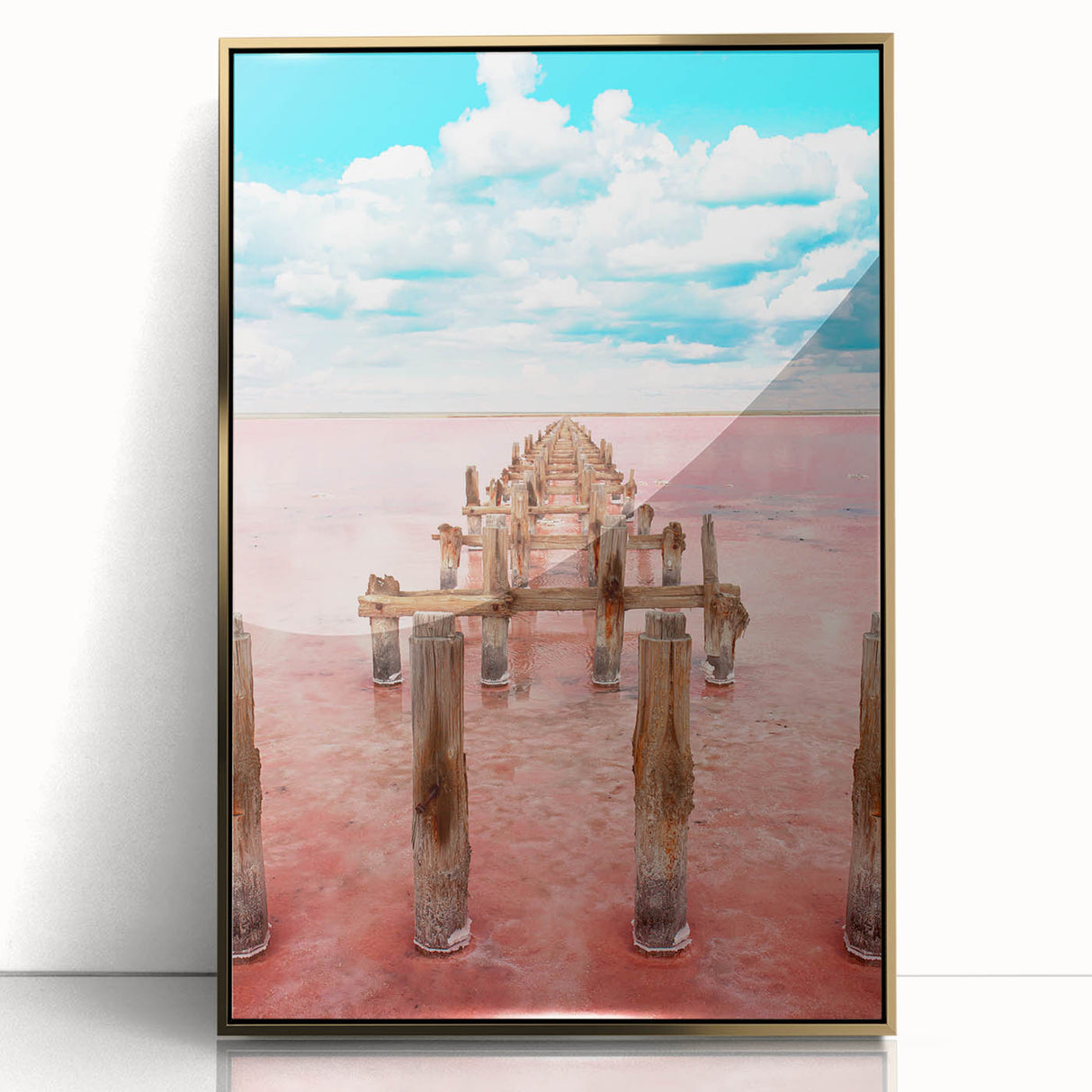 Framed acrylic print of Yucatan scenery in gold tones, ideal for modern art wall decor.