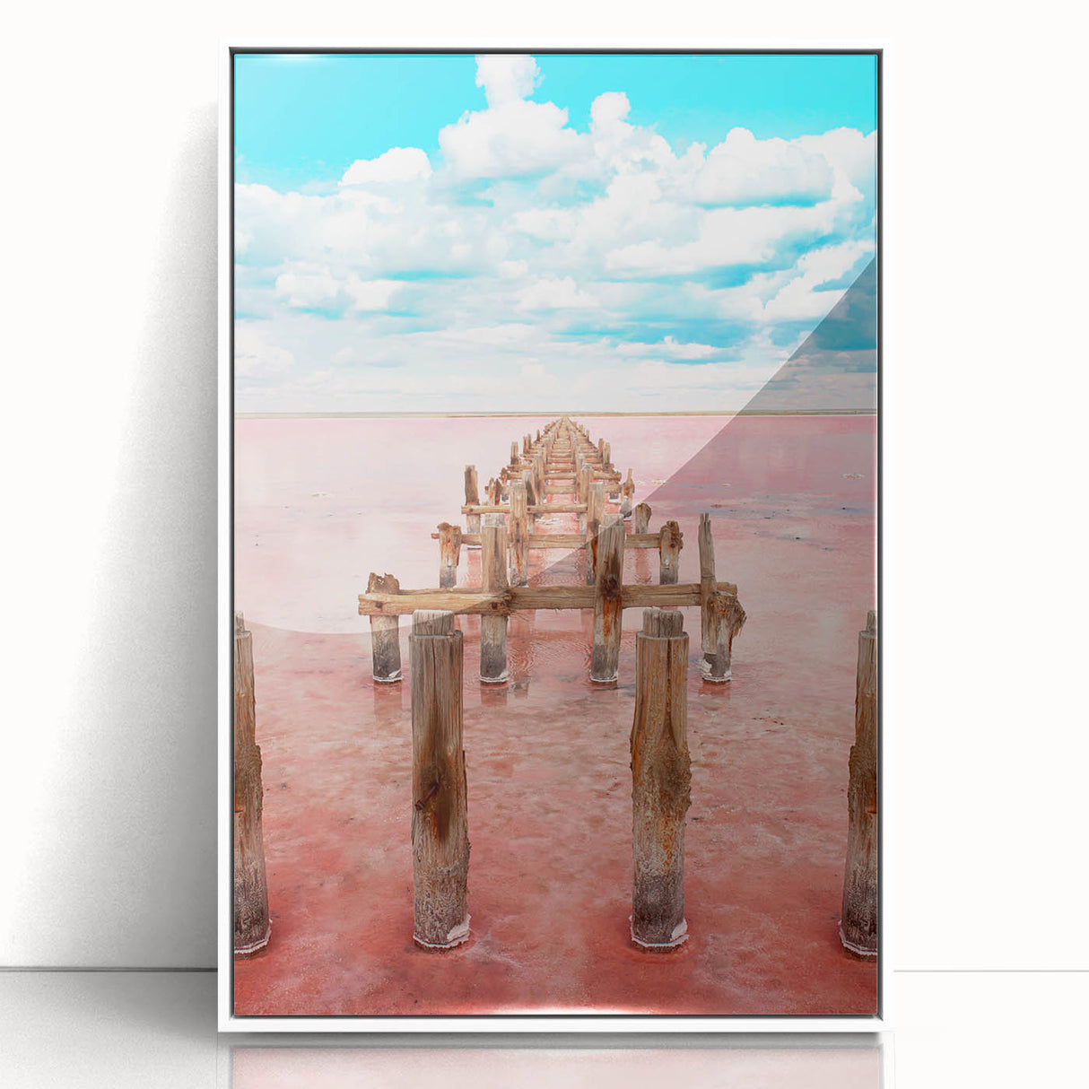 Framed acrylic print of Yucatan scenery in art deco style, with vibrant greens and blues.