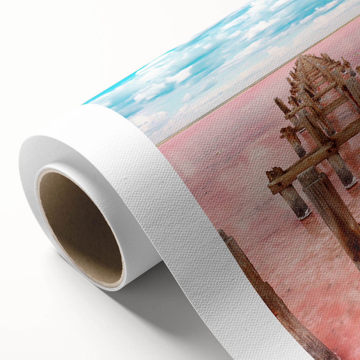 Art Deco poster featuring a serene Yucatan landscape on rolled canvas, with soft green and blue tones.