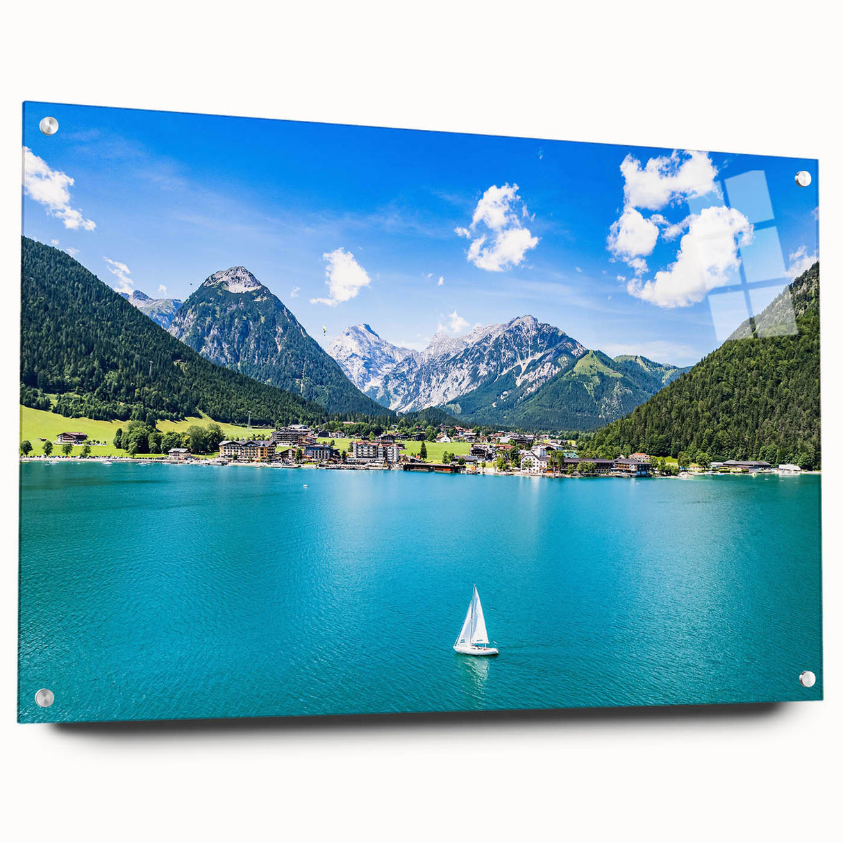 Acrylic glass print of a European landscape with muted green and blue tones, ideal for dining room decor.