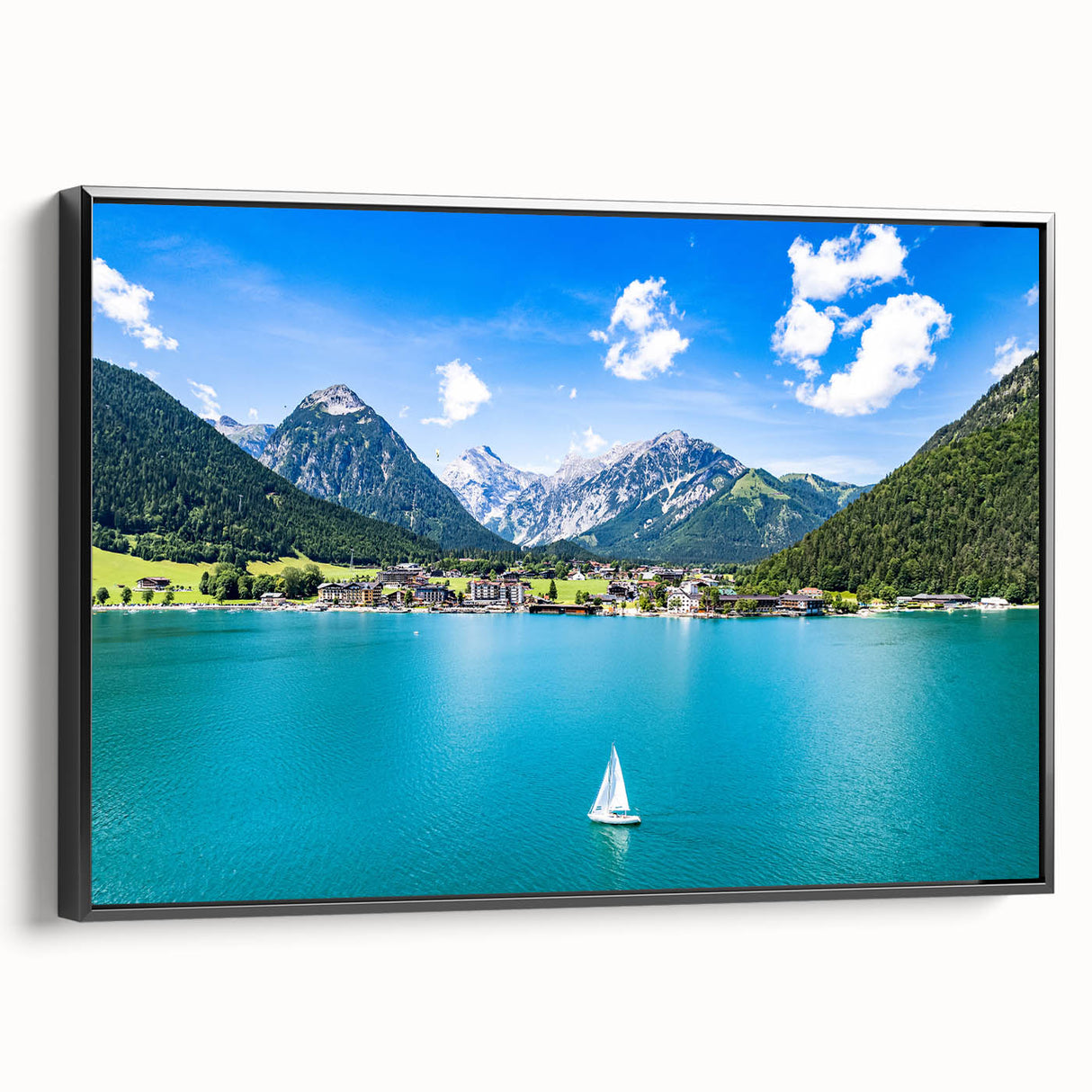 Black and white framed canvas of a vintage Austrian landscape, ideal for bedroom wall decor.