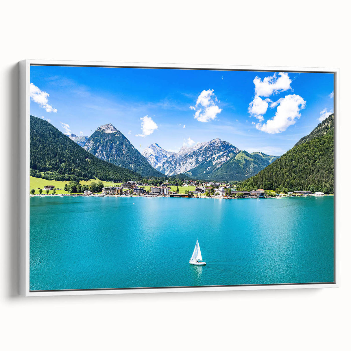 Vintage poster art of a European scenery in Austria on a framed canvas, featuring colorful art in extra large size.