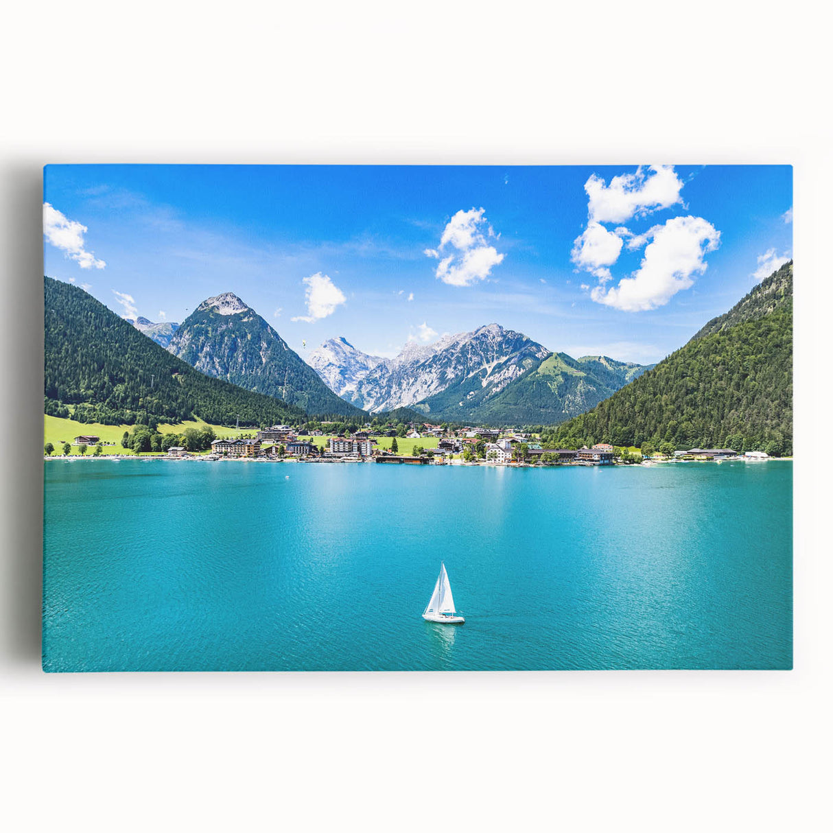 Black and white stretched canvas featuring a panoramic Austrian landscape, ideal for kitchen wall art or bedroom ambiance.