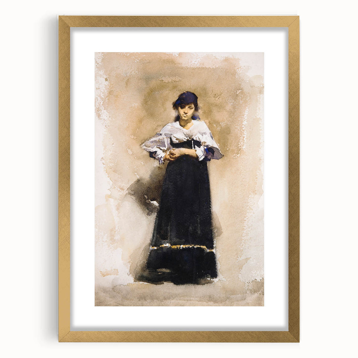 Romantic Art Prints: Young Woman with a Black Skirt - Timeless Portrait