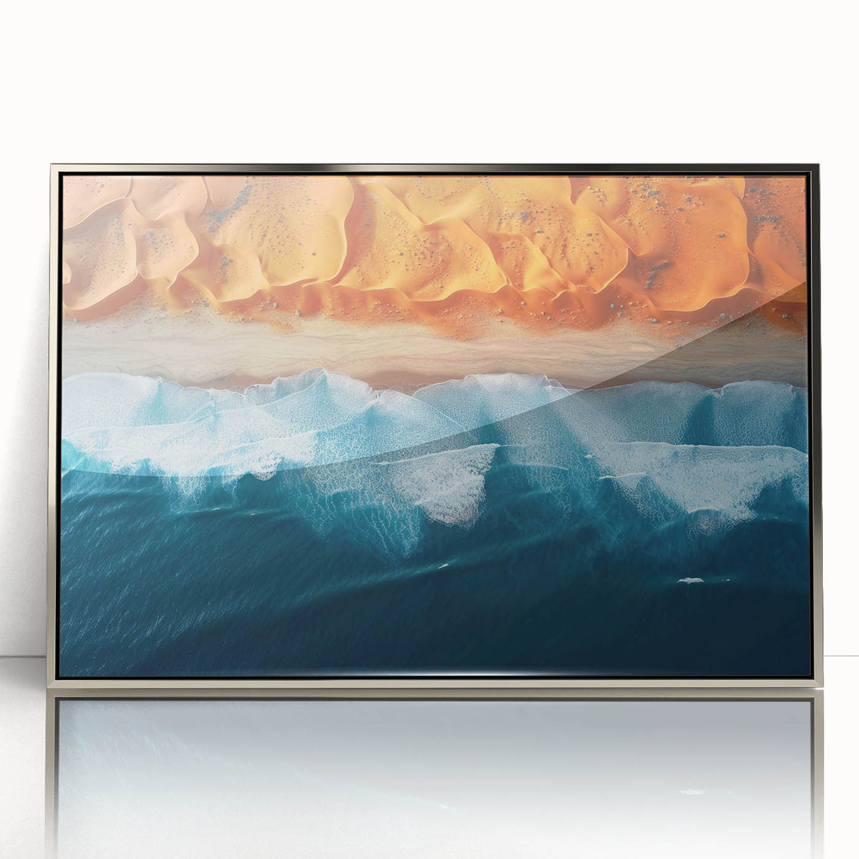 Acrylic print of a Namibian landscape in silver frame, featuring earth tones, ideal for modern art wall decor.