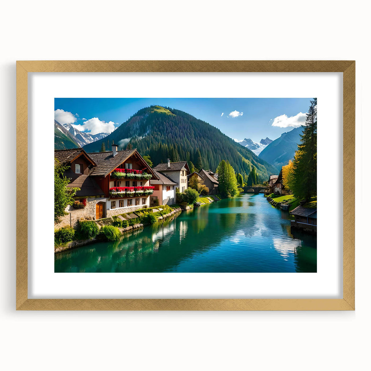 Abstract art print of a European scenery in muted earth tones, framed in gold, ideal for dining room decor.