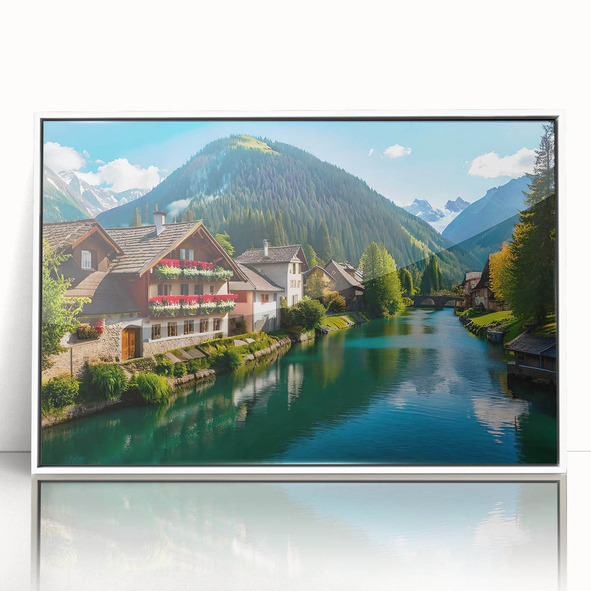 Mid-century modernist art depicting a serene Austrian landscape on a white framed acrylic, ideal for modern art wall decor.