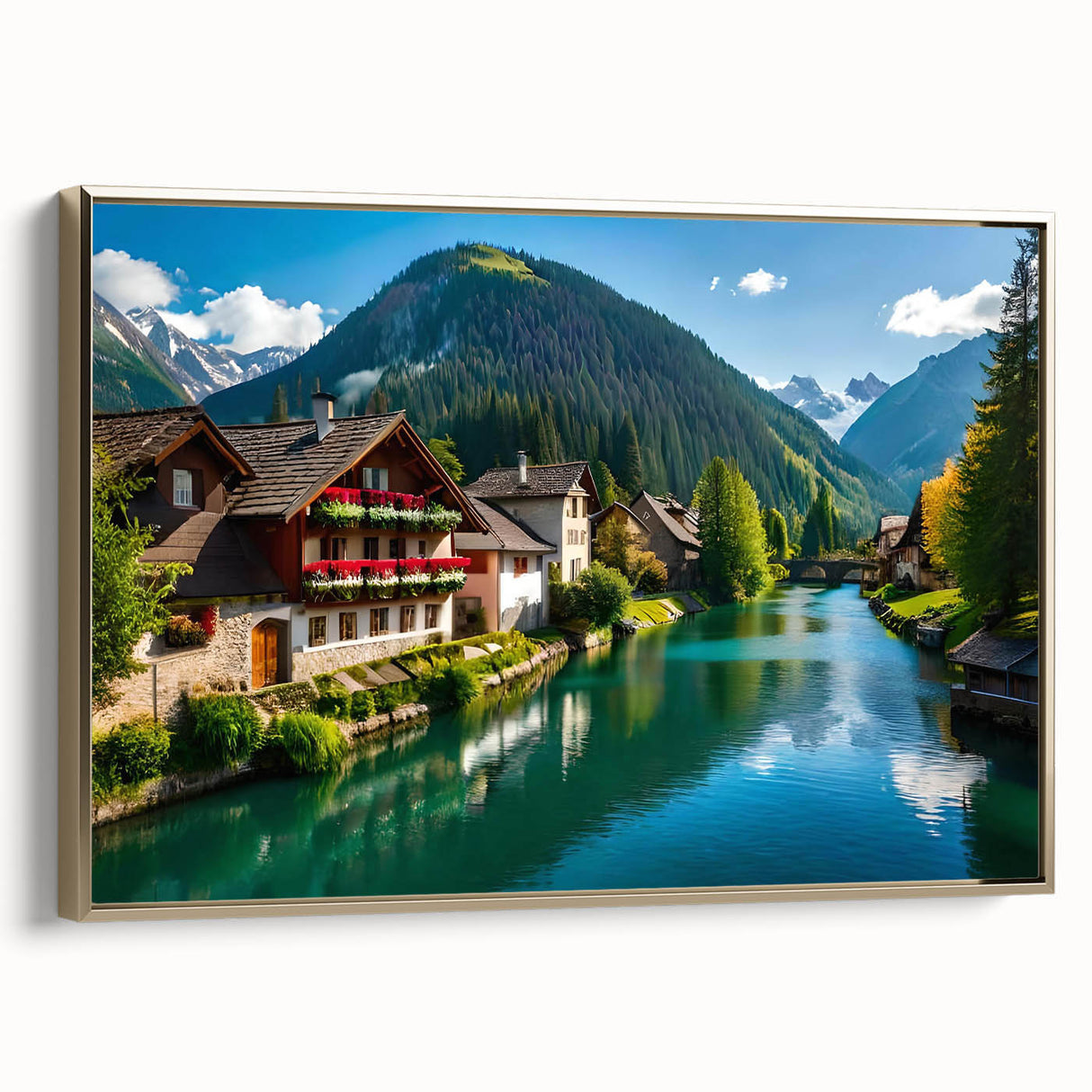Framed canvas featuring a vintage-style landscape painting of an Austrian scenery in muted gold and black tones.