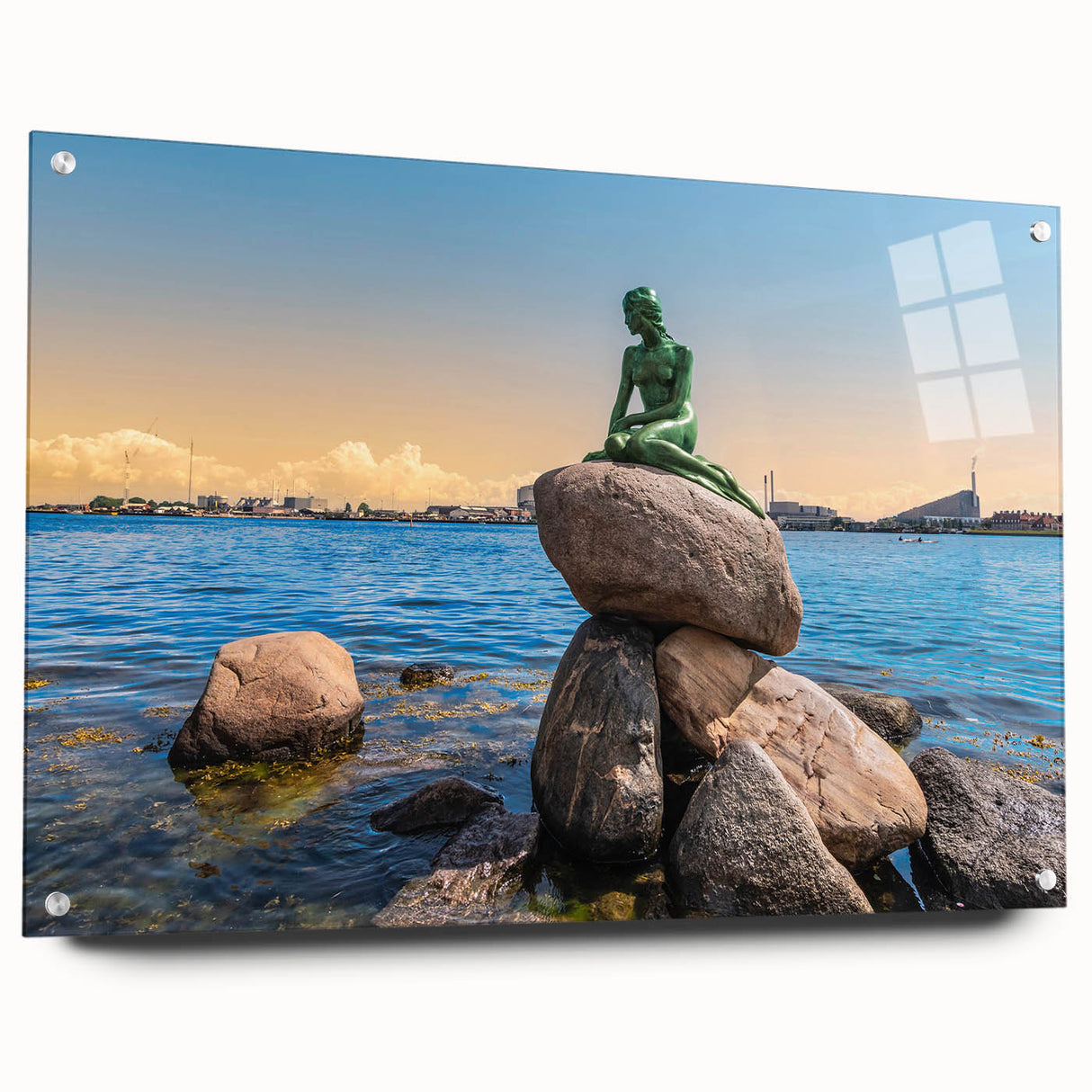 Acrylic print of a large abstract depiction of a European scenery in muted colors, suitable for dining or bedroom decor.