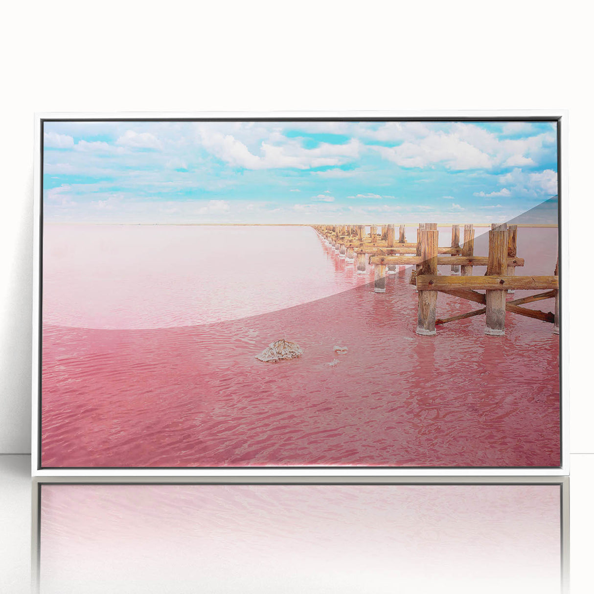 Art deco poster of Yucatan, Mexico scenery on white framed acrylic, featuring pastel colors.