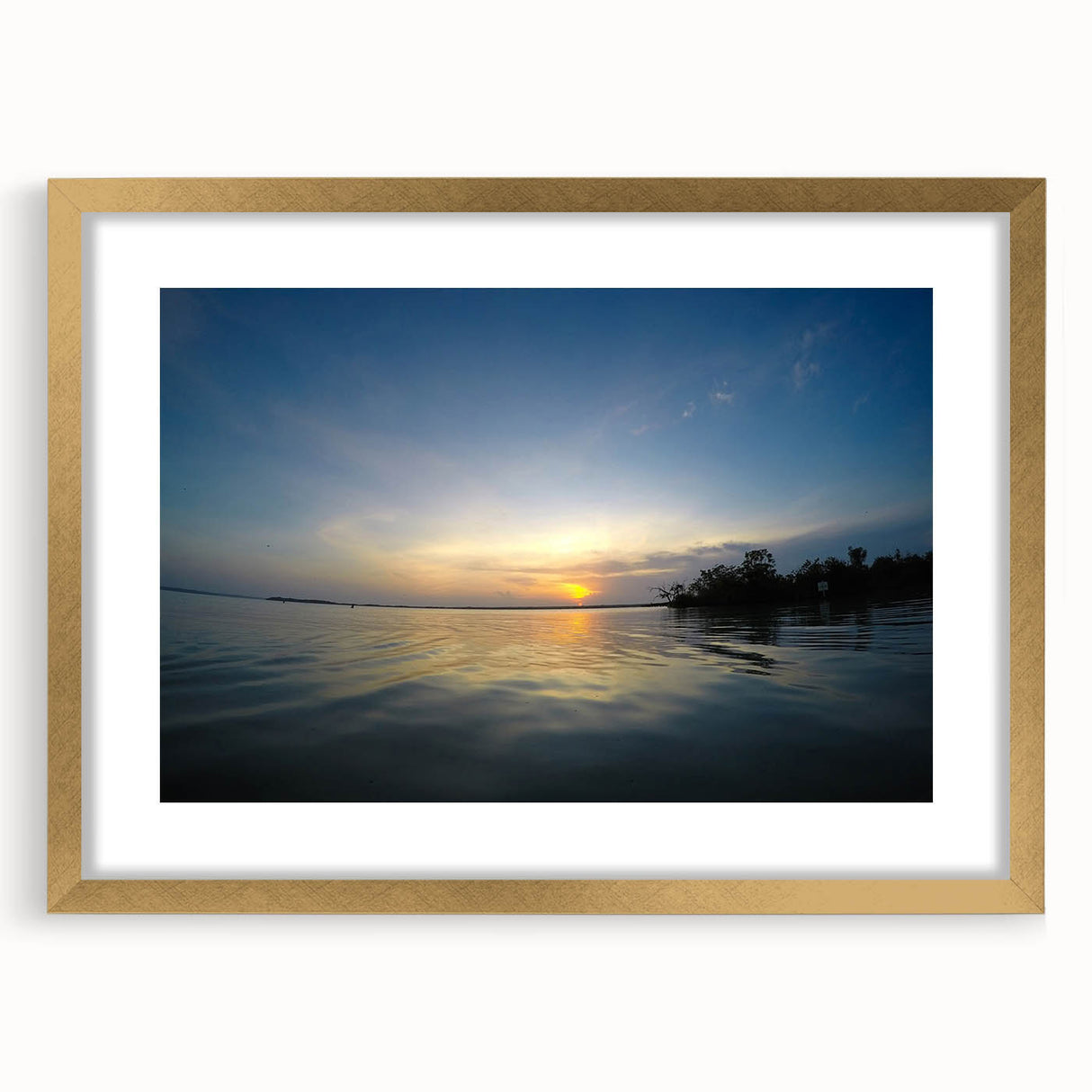 Extra large abstract art print of Yucatán scenery in textured gold frame, using vibrant earth tones.