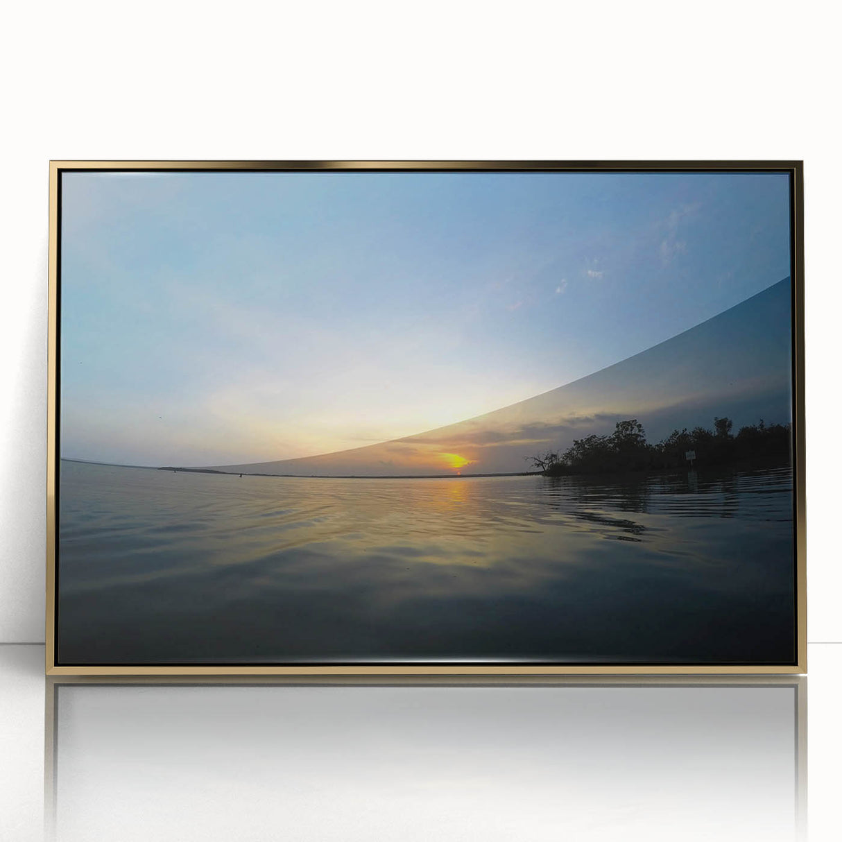 Large art print of Yucatan scenery in mid-century modernist style with muted earth tones, framed in gold acrylic.