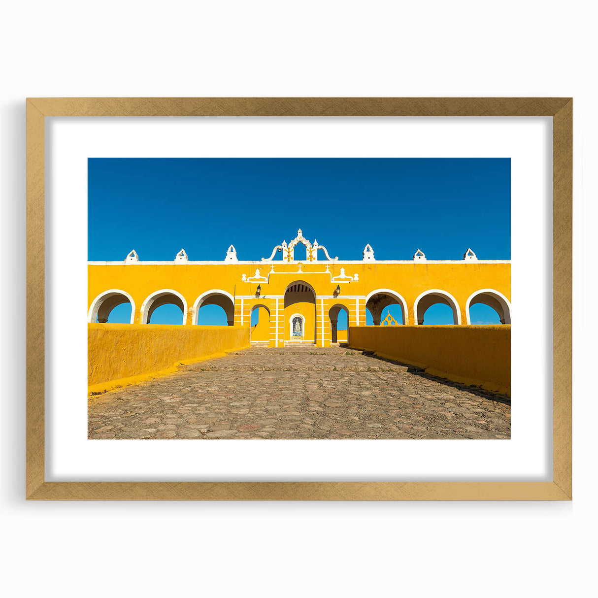 Extra large abstract art print of Yucatan scenery in textured style, with gold frame, ideal for living room decor.