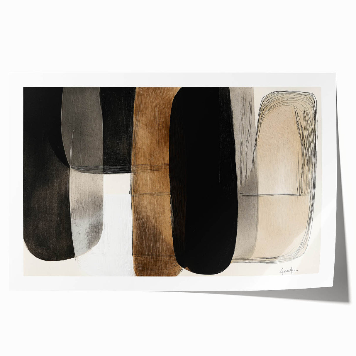 Abstract minimalist rolled print showcasing vibrant blue, orange, and green geometric shapes on a textured background, packaged securely in a durable cardboard tube, ideal for modern decor.