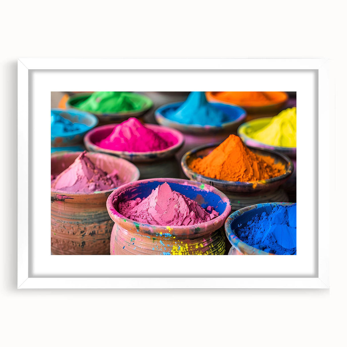 Abstract art print of an Indian landscape in muted earth tones on a framed white mat, ideal for dining room decor.