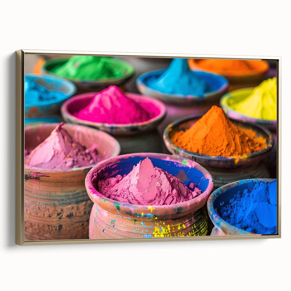 Framed canvas featuring a vintage-style landscape painting of an Indian scenery in gold and black tones.