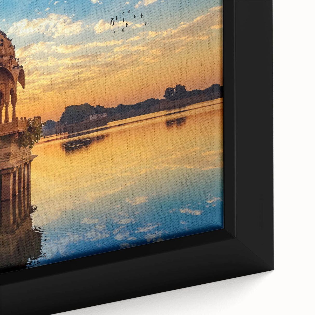 Extra large framed canvas featuring a textured depiction of a scenic Indian landscape in vibrant colors.