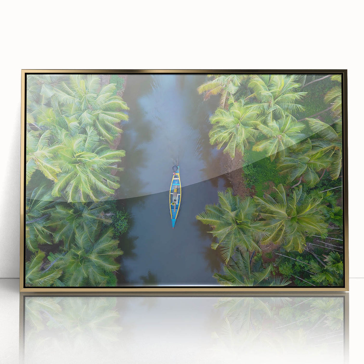 Large art print of a mid-century modernist Indian scenery in gold tones on framed acrylic.