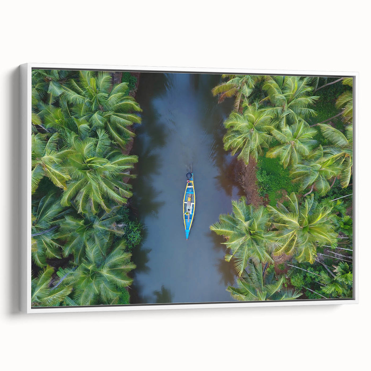 Vintage poster art of a scenic Indian landscape in vibrant colors on a white-framed canvas, ideal for living room decor.