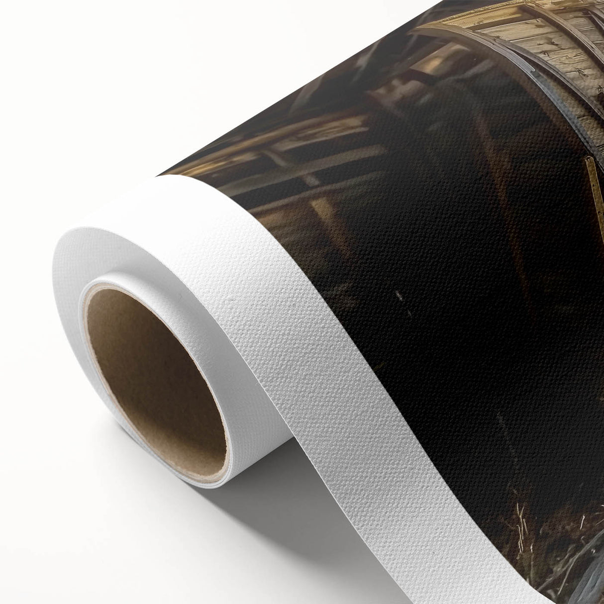 Rolled landscape canvas showcasing a serene barn scene with lush greenery and vibrant sky, securely packaged in a protective cardboard tube for easy transport.