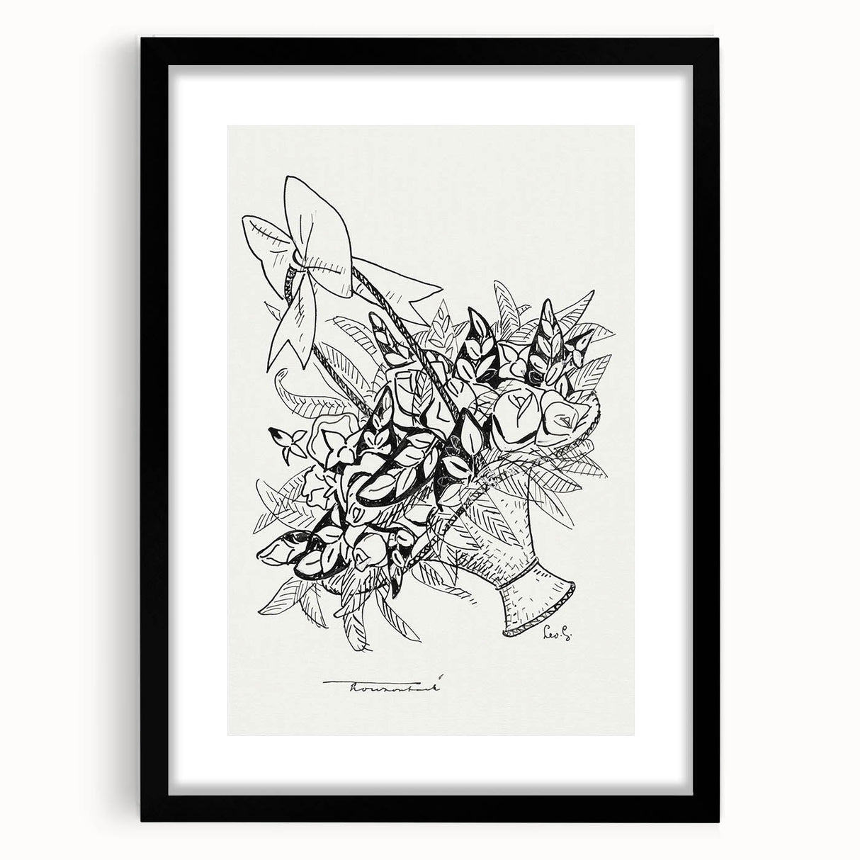 Modern Wall Art: Basket of Flowers - Minimalist Monochrome Print