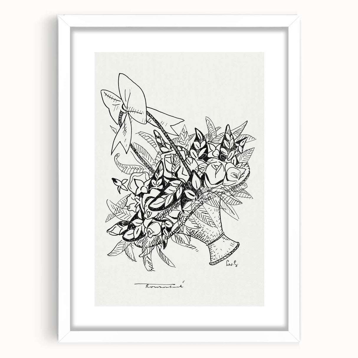 Modern Wall Art: Basket of Flowers - Minimalist Monochrome Print