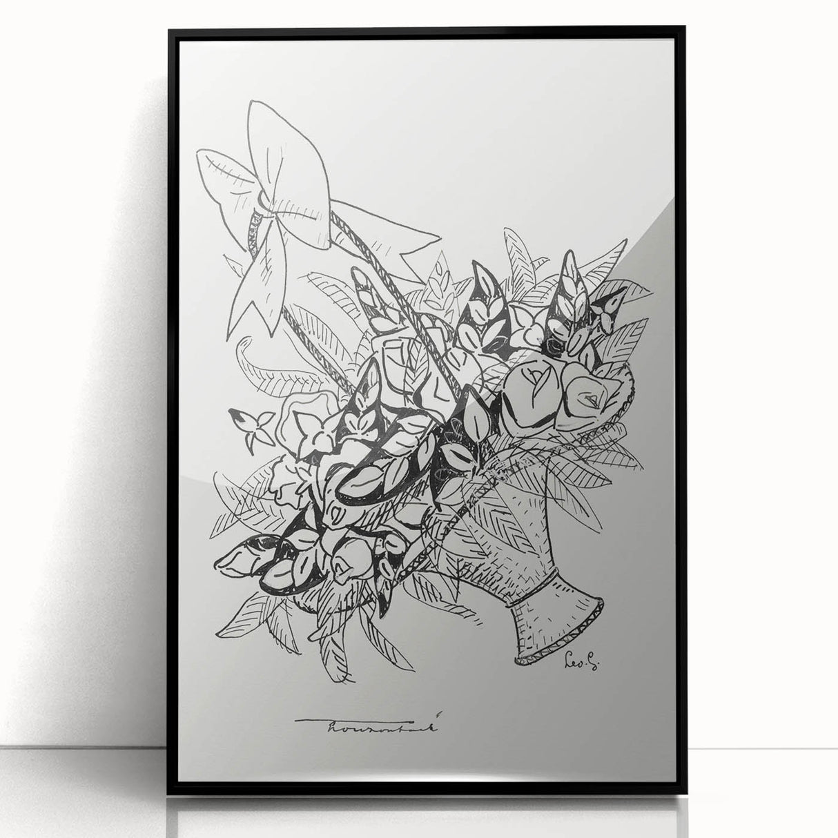 Modern Wall Art: Basket of Flowers - Minimalist Monochrome Print
