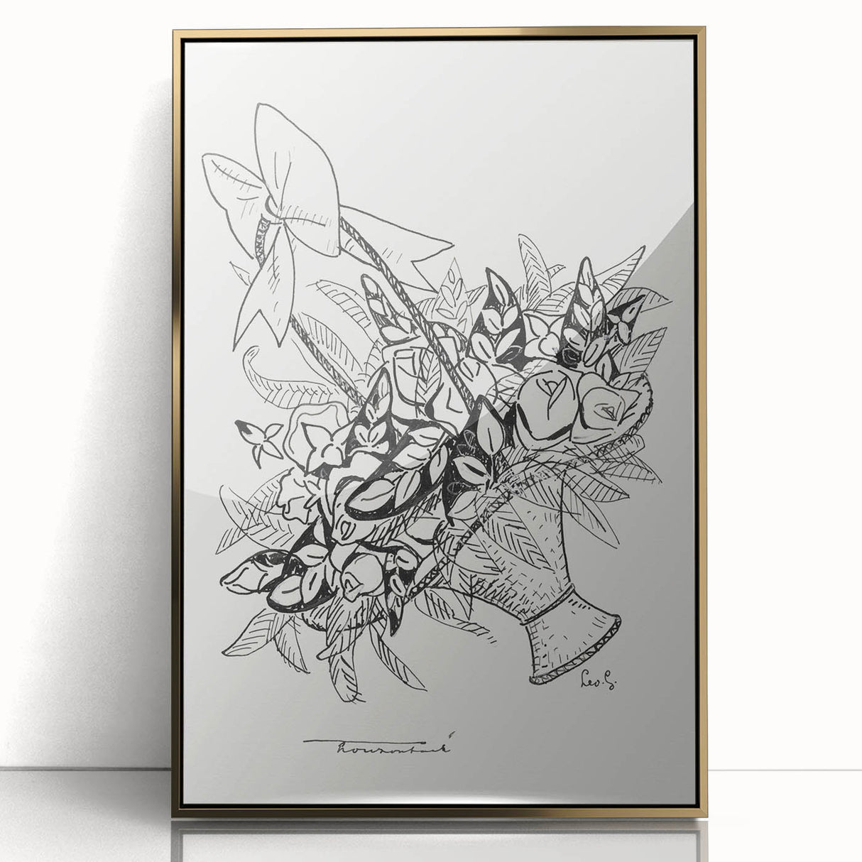 Modern Wall Art: Basket of Flowers - Minimalist Monochrome Print