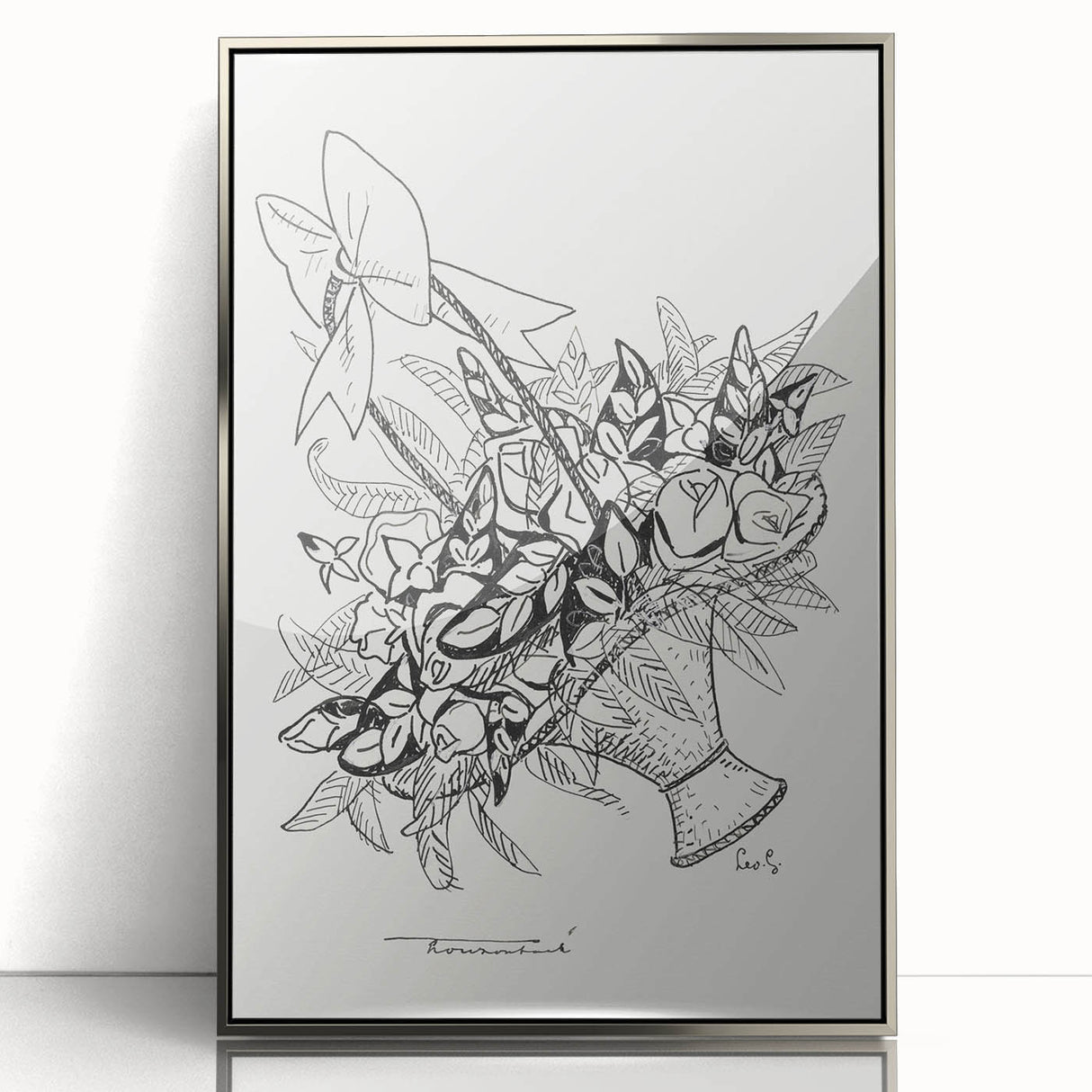 Modern Wall Art: Basket of Flowers - Minimalist Monochrome Print