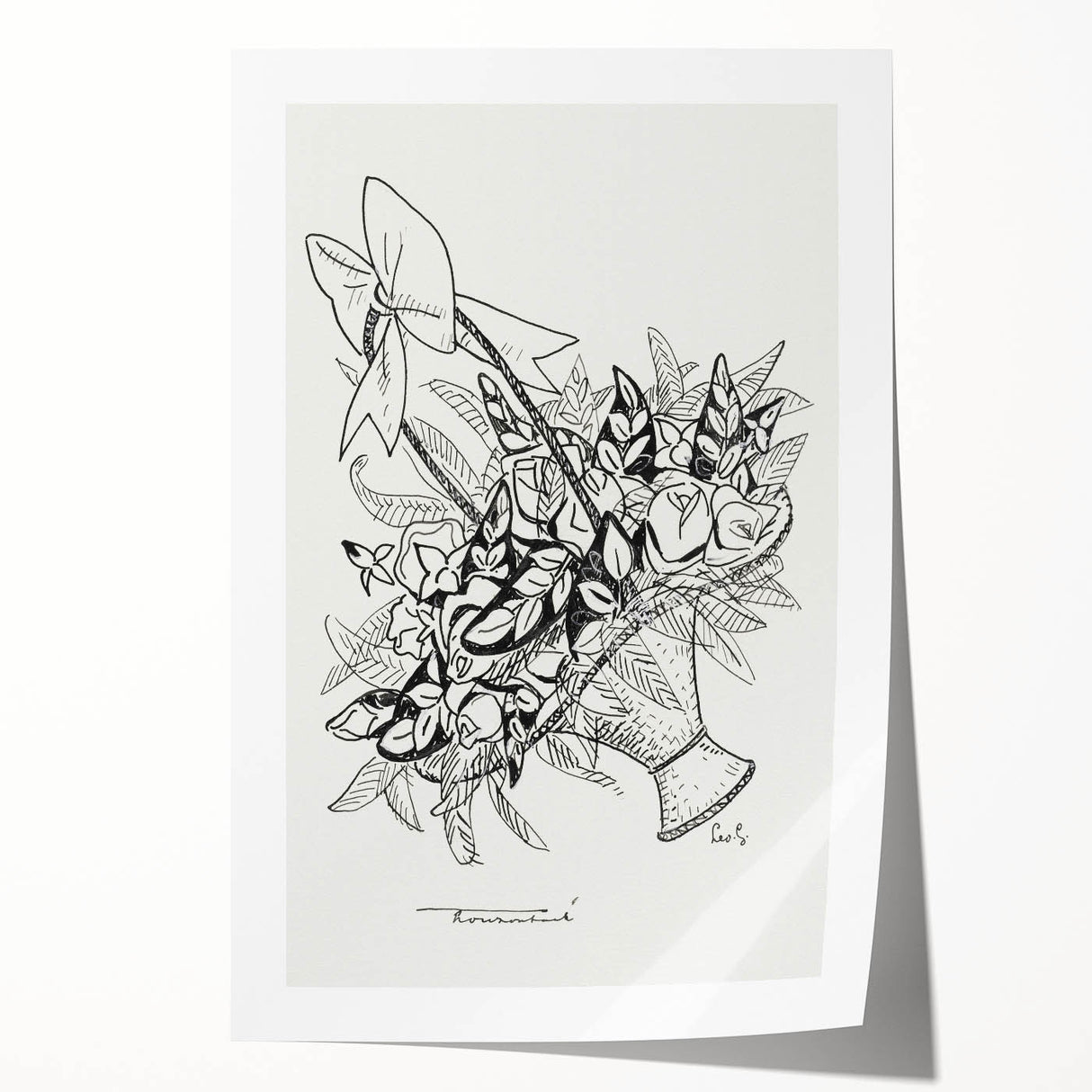 Modern Wall Art: Basket of Flowers - Minimalist Monochrome Print