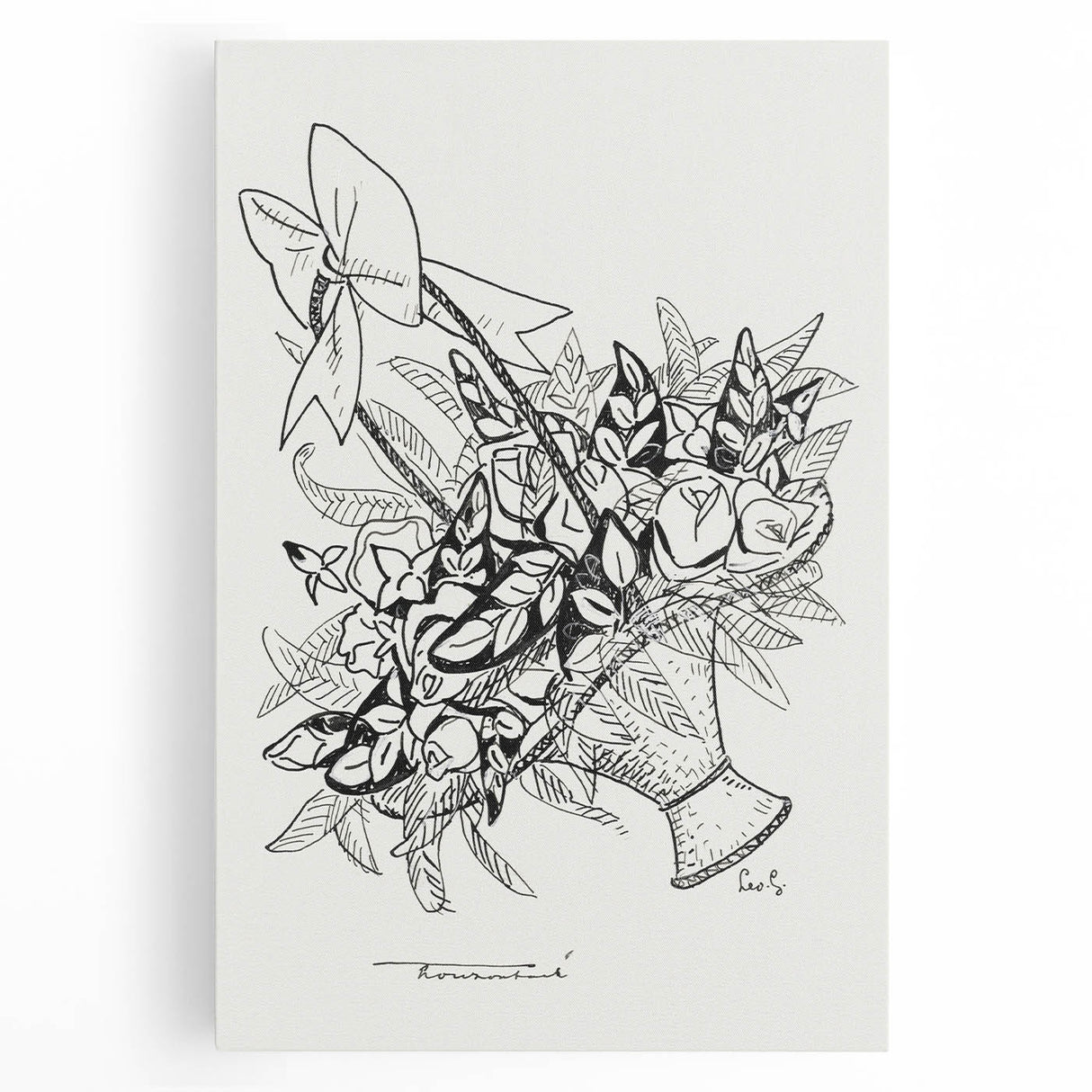 Modern Wall Art: Basket of Flowers - Minimalist Monochrome Print