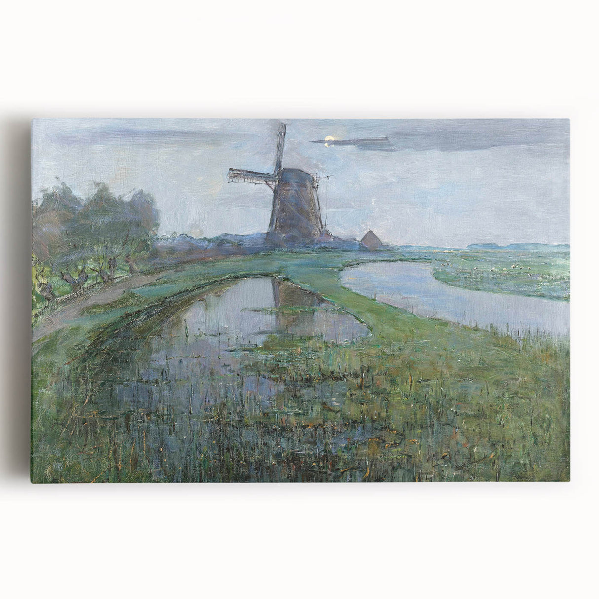 Modern Wall Art - Moonlit Landscape with Dutch Windmill