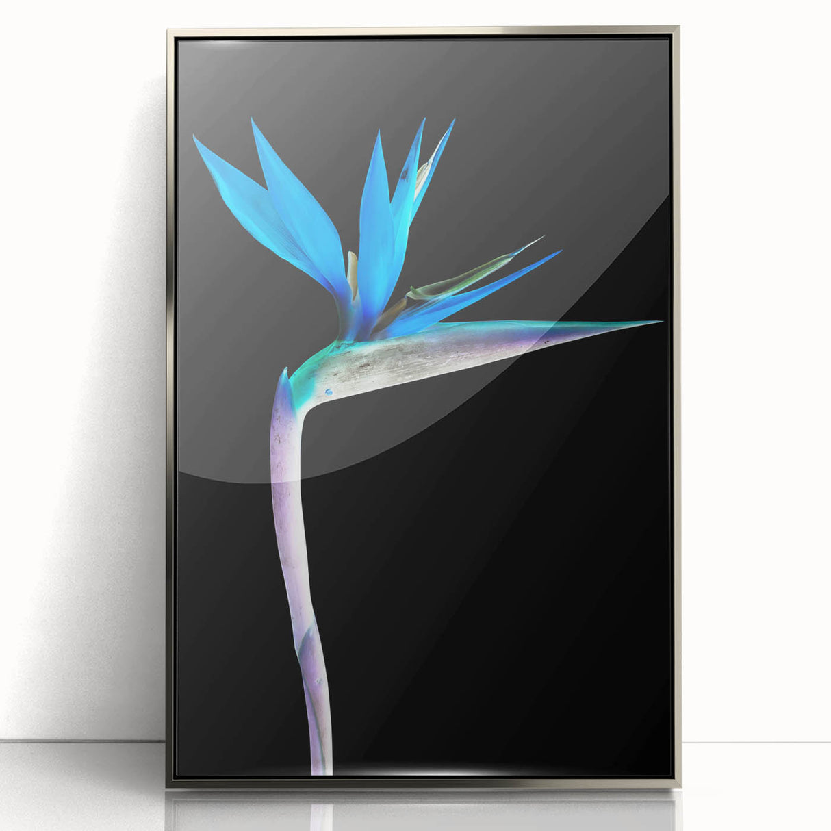 Framed wall art design showcasing vibrant bird of paradise flowers in a botanical setting, featuring a sleek silver frame that enhances its elegance. Perfect for home decor.